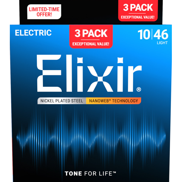 Elixir Nanoweb Electric Nickel Plated Steel 16567 3 Pack Light 10-46